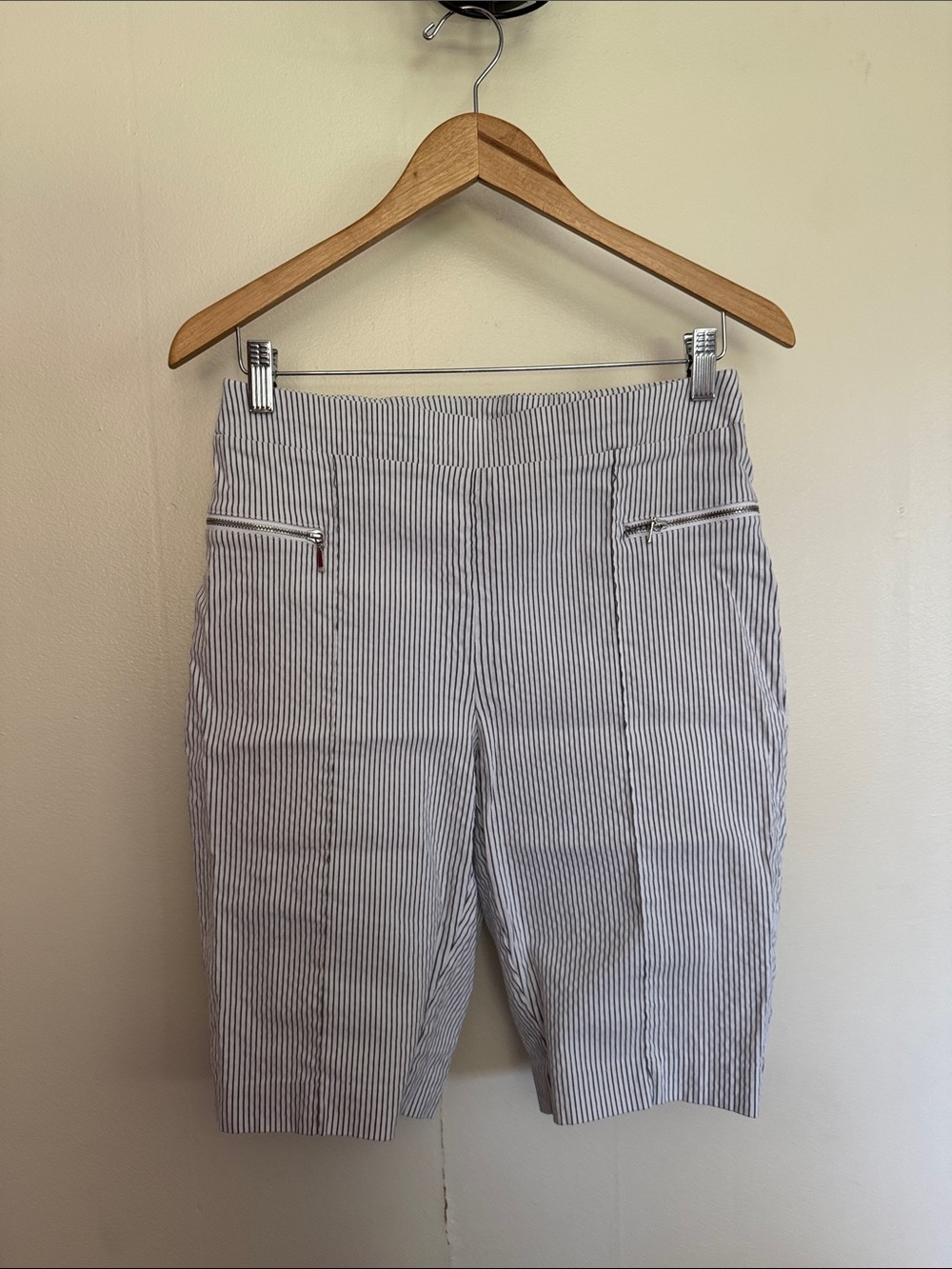 Chico's perfect stretch navy Blue and White Pinstripe Bermuda Shorts